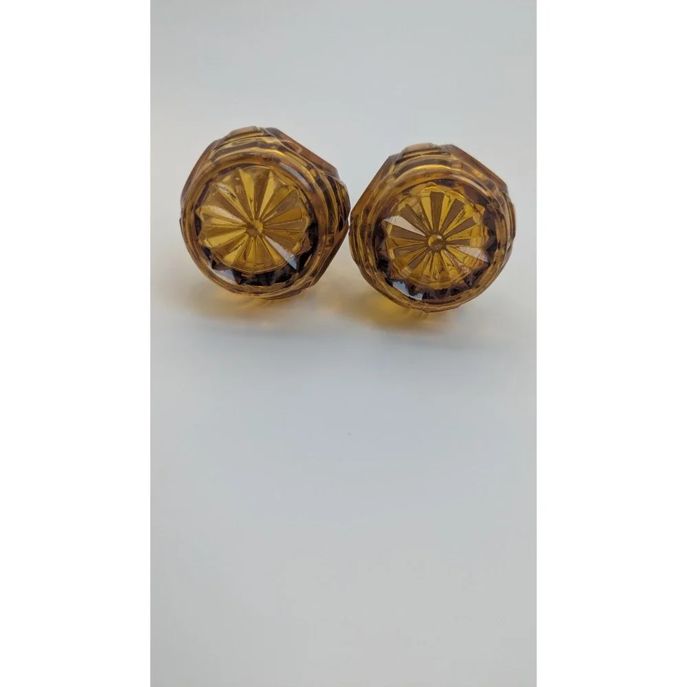 Vintage Amber Glass Salt Pepper Shakers‎ Thumbprint Ribbed MCM Retro Set 4 Inch